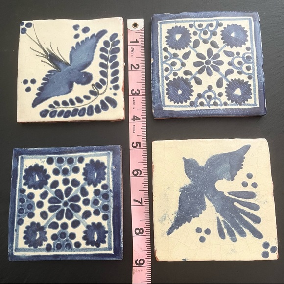 Mexican Hand Painted Terra-Cotta Talavera Vintage Tiles Set of 4 - Picture 13 of 15